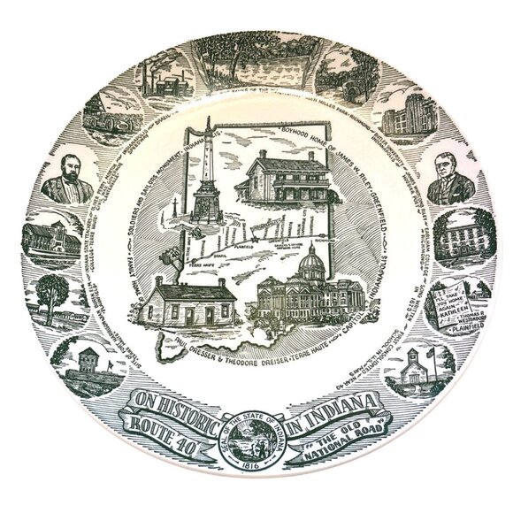Historic Rte 40 Indiana Commemorative Plate Kettlesprings Kilns 10" Ceramic Vtg - Picture 1 of 5